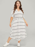 Striped Print Pocketed Batwing Sleeves Dress
