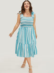 Pocketed Shirred Striped Print Square Neck Spaghetti Strap Dress With Ruffles