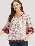 Floral Contrast Shirred Frill Trim Tie Neck Bell Sleeve Blouse