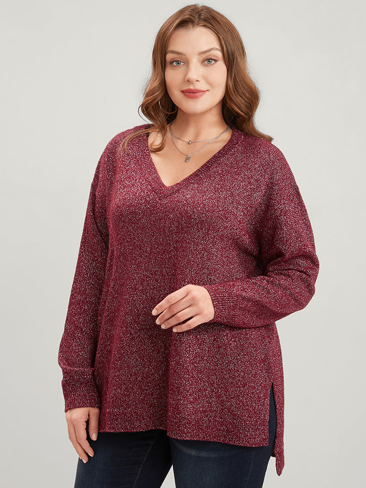 

Solid Pointelle Knit V Neck Split Hem Glitter Knit Top BloomChic, Burgundy