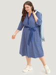 Striped Belted Notched Dress