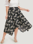 Floral Print Pocket Elastic Waist Hanky Hem Skirt
