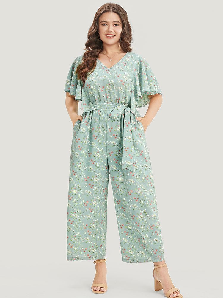 

Plus Size Women Dailywear Ditsy Floral Belted Regular Pocket Elegance Jumpsuits BloomChic, Mint