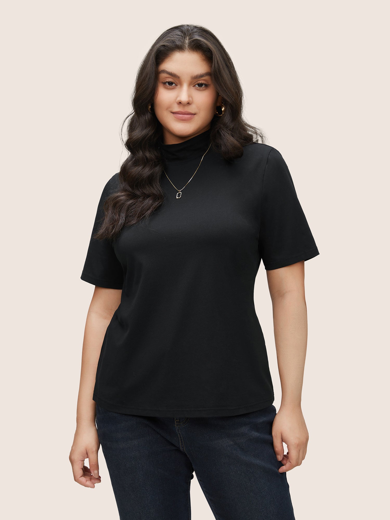 

Plus Size Women Everyday Plain Plain Regular Sleeve Short sleeve Mock Neck Basics T-shirts BloomChic, Black