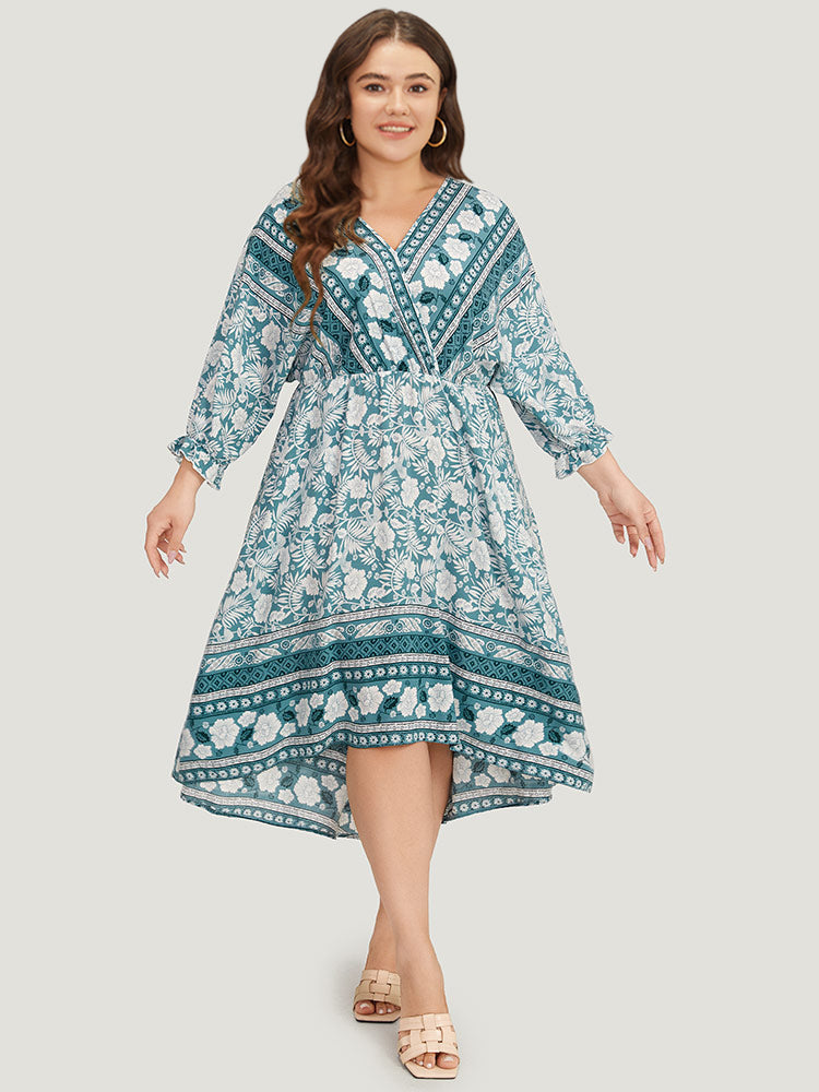 

Plus Size Women Dailywear Bohemian Print Elastic cuffs Lantern Sleeve Elbow-length sleeve V-neck Pocket Vacation Dresses BloomChic, Turquoise