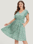 Floral Print Pocketed Gathered Cap Sleeves Dress With Ruffles