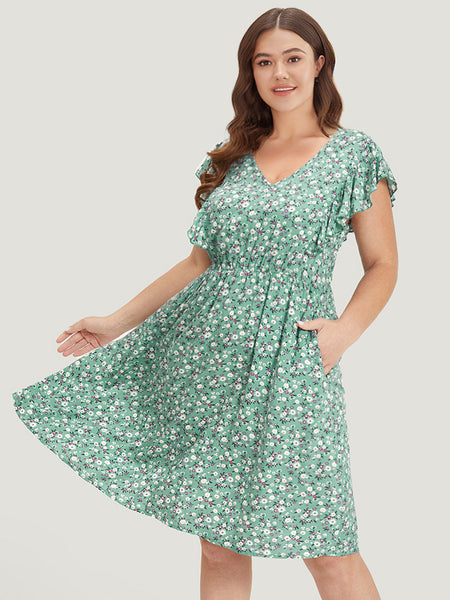 Cap Sleeves Floral Print Pocketed Gathered Dress With Ruffles