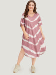 V-neck Pocketed Two-Toned Striped Tie Dye Print Dress