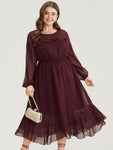 Polka Dot Mesh Lantern Sleeve Pocket Ruffle Midi Dress