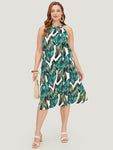 Tropical Print Pocketed Keyhole Halter Dress