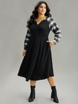 Notched Collar Plaid Print Ribbed Pocketed Knit Dress