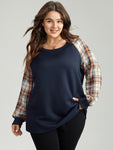 Rib Knit Plaid Patchwork Raglan Sleeve Sweatshirt