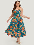 Floral Print Spaghetti Strap Cowl Neck Pocketed Dress