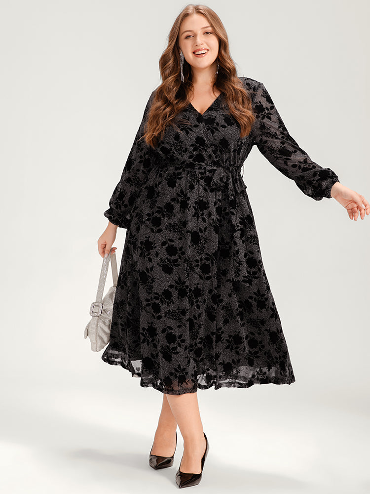 

Plus Size Women Going out Floral Belted Lantern Sleeve Long Sleeve V Neck Pocket Belt Glamour Dresses BloomChic, Black