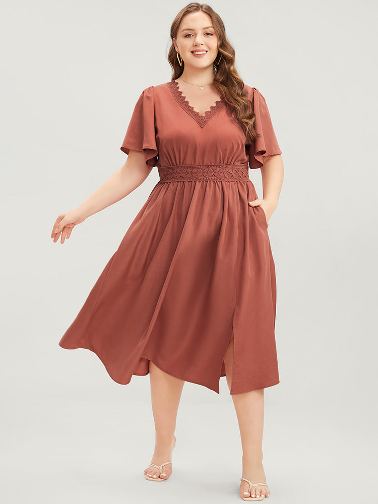 

Plus Size Women Dailywear Plain Elastic Waist Ruffle Sleeve Short Sleeve V Neck Pocket Elegance Dresses BloomChic, Salmon