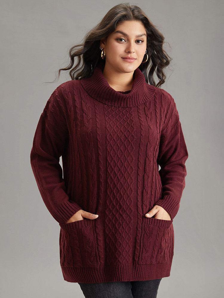 

Plus Size Pullovers | Cable Knit Patched Pocket Turtle Neck Pullover | BloomChic, Burgundy