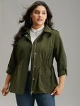 Solid Elastic Waist Zipper Fly Flap Pocket Coat