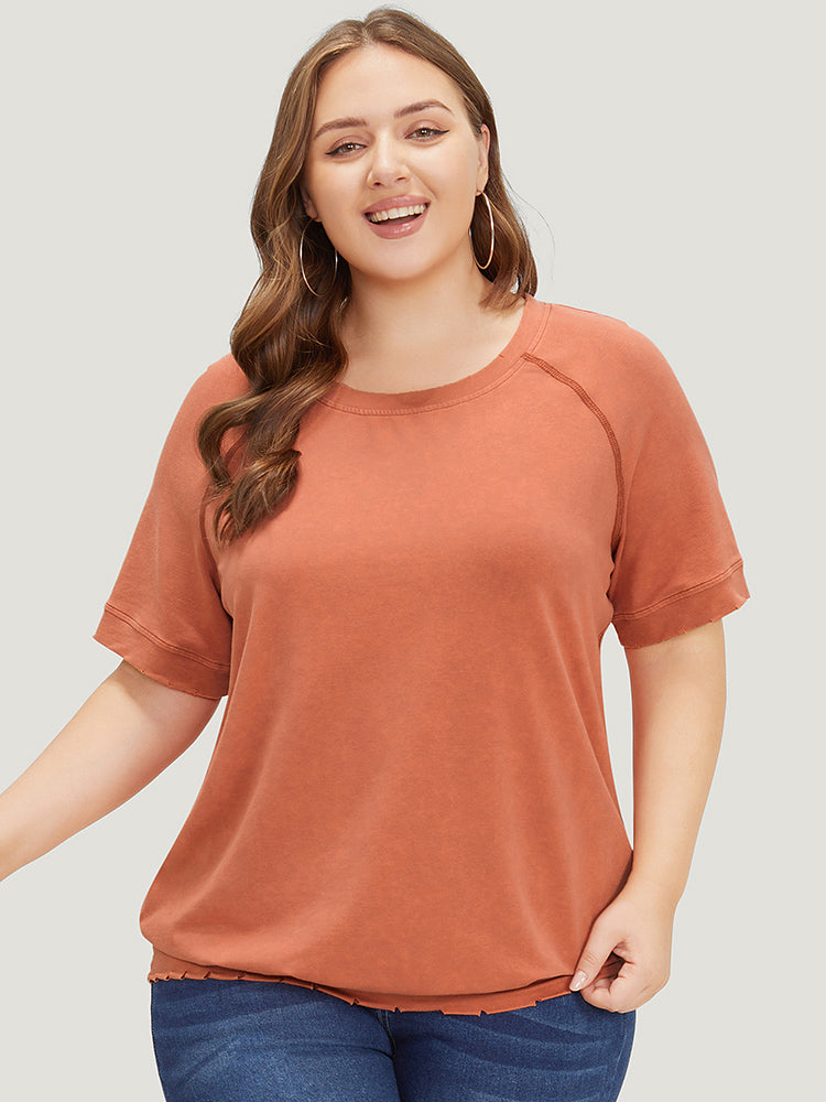 

Plus Size Women Dailywear Plain Stitch Raglan sleeve Short sleeve Round Neck Casual T-shirts BloomChic, Coral