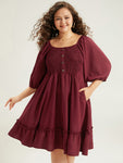 Pocketed Shirred Frill Trim Dress