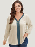 Anti wrinkle Half Zip Gathered Contrast Trim Blouse