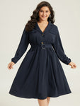 Belted Pocketed Collared Shirt Dress