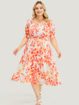 Shirred Pocketed Floral Print Puff Sleeves Sleeves Square Neck Dress