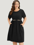 Crew Neck Pocketed Dress With Ruffles