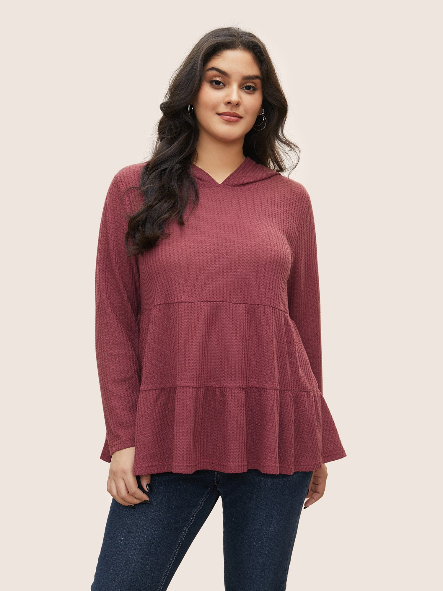 

Plus Size Women Everyday Plain Waffle Knit Regular Sleeve Long Sleeve Hooded Casual T-shirts BloomChic, Dusty pink