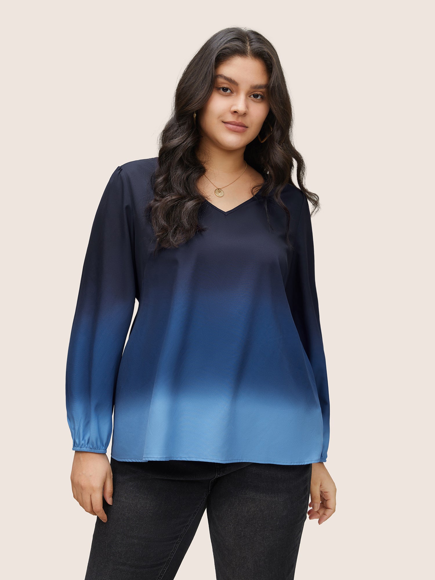 

Plus Size Women Everyday Ombre Gathered Lantern Sleeve Long Sleeve V-neck Casual Blouses BloomChic, Indigo