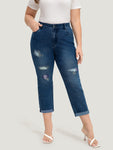 Ripped Embroidered Roll Hem Very Stretchy Jeans