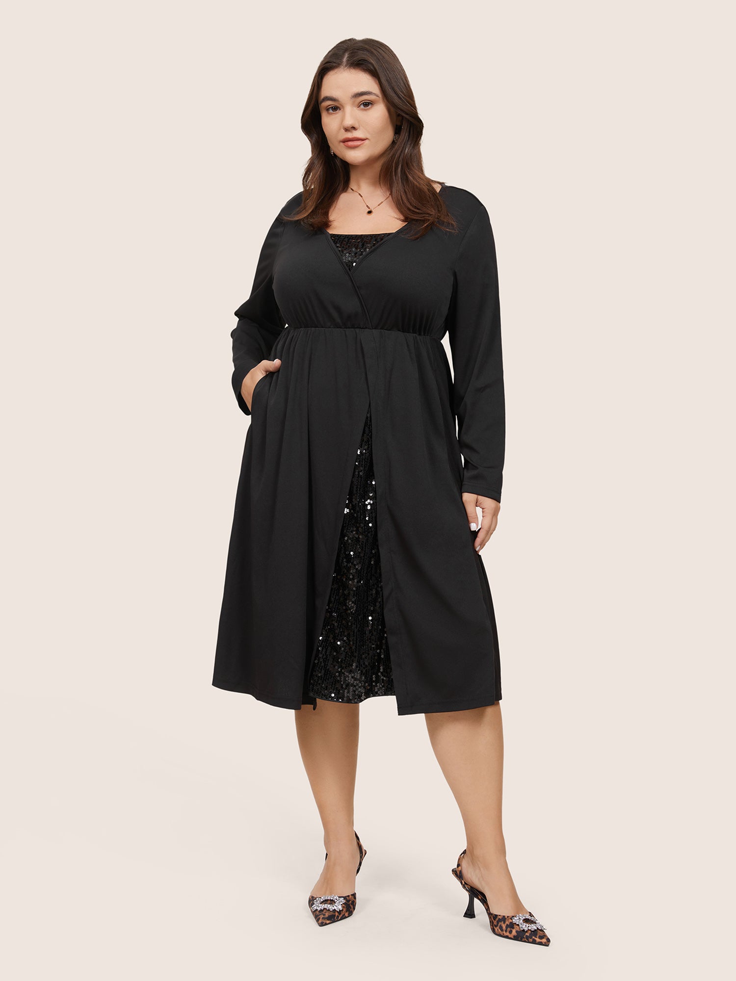 

Plus Size Women Party&Cocktail Plain Sequin Regular Sleeve Long Sleeve Square Neck Pocket Glamour Dresses BloomChic, Black