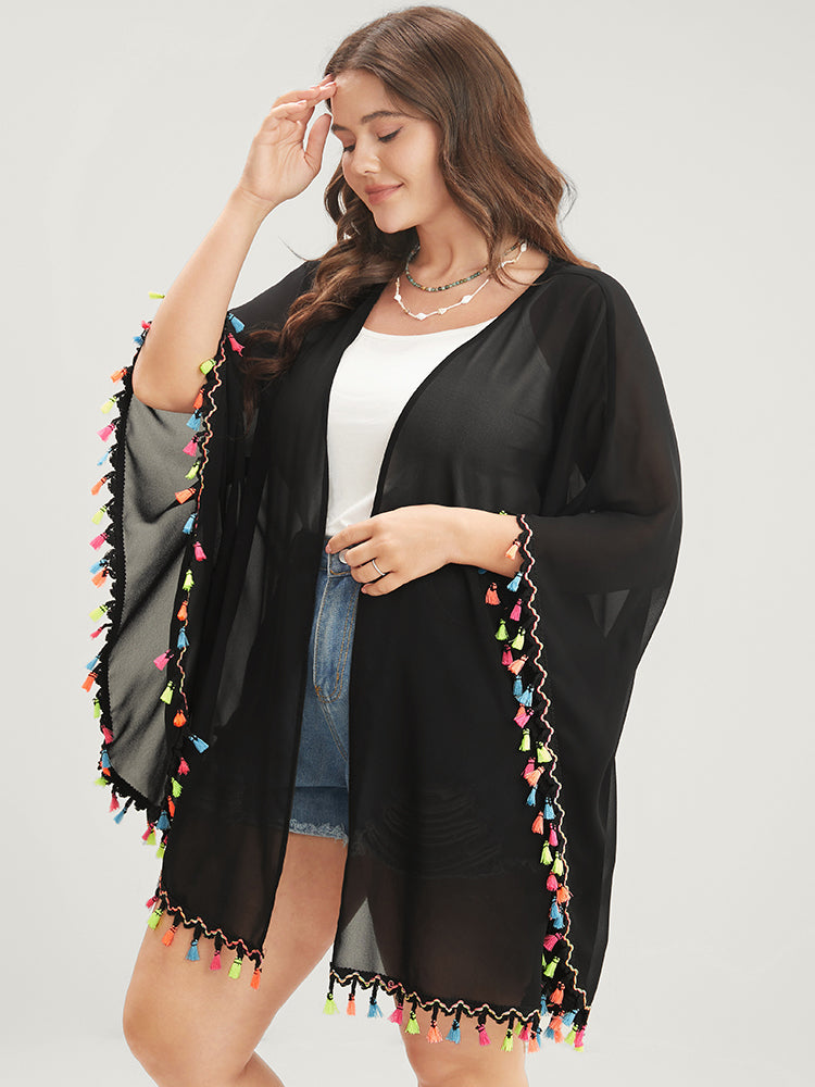 

Plain Open Front Color Tassels Trim Kimono BloomChic, Black