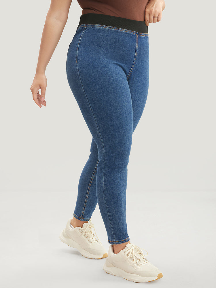 Image of Moderately Stretchy High Rise Dark Wash Wideband Waist Jeans