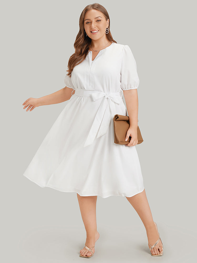 

Plus Size Women Work Plain Ties Puff Sleeve Short Sleeve Notched Pocket Belt Office Dresses BloomChic, White