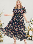 Floral Pocket Ruffles Split Sleeve Asymmetrical Hem Dress