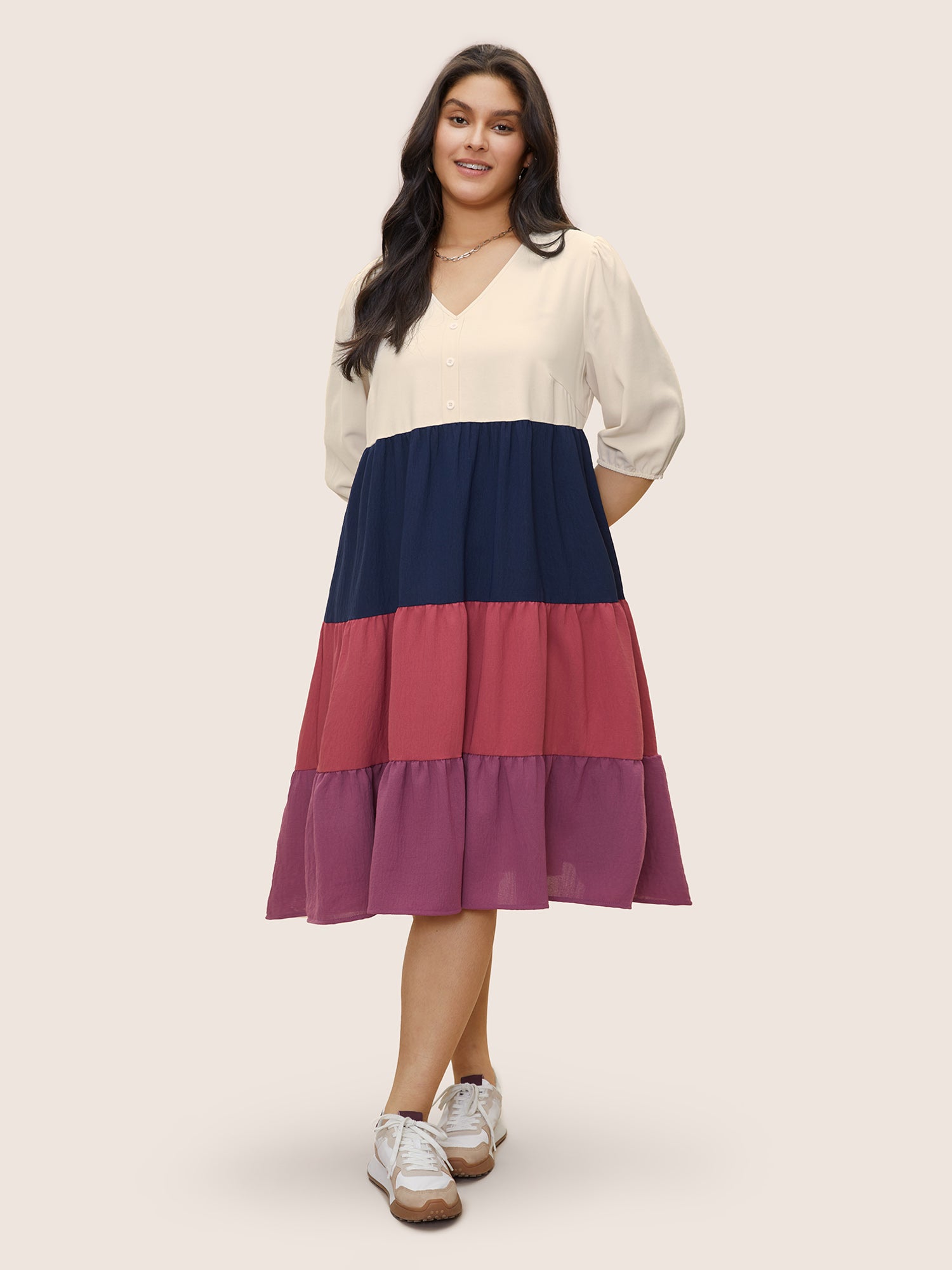 

Plus Size Women Everyday Colorblock Lantern Sleeve Elbow-length sleeve V-neck Pocket Casual Dresses BloomChic, Multicolor