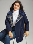 Plaid Asymmetrical Lapel Collar Patchwork Fuzzy Trim Coat