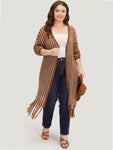 Striped Open Front Tassel Trim Hollow Out Cardigan