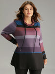 Colorblock Contrast Mock Neck Drawstring Sweatshirt