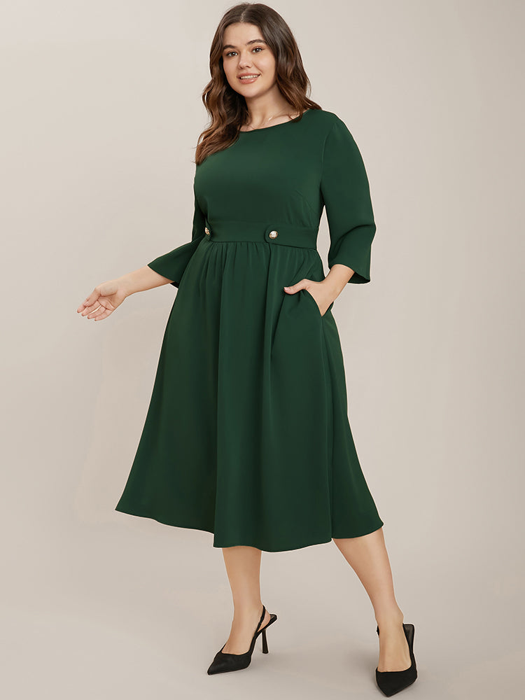 

Plus Size Women Workwear Plain Gathered Regular Sleeve Three Quater Length Sleeve Round Neck Pocket Workleisure Dresses BloomChic, Dark green