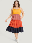 Colorblocking Frill Trim Flutter Sleeves Spaghetti Strap Dress