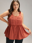 Solid Button Up Pleated Frill Trim Tank Top