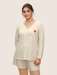 Striped Contrast Heart Embroidered Sleep Top