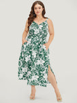 Floral Print Pocketed Wrap Belted Flutter Sleeves Spaghetti Strap Dress