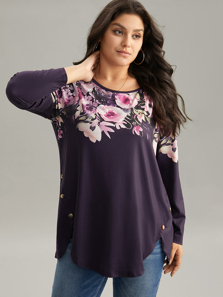 

Plus Size Women Dailywear Floral Printed Regular Sleeve Long Sleeve Round Neck Elegance T-shirts BloomChic, Indigo