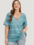 Striped Print Crisscross V Neck T shirt