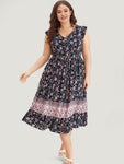 General Print Cap Sleeves Pocketed Dress With Ruffles