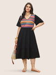 Color Geometric Embroidered Patchwork Dress