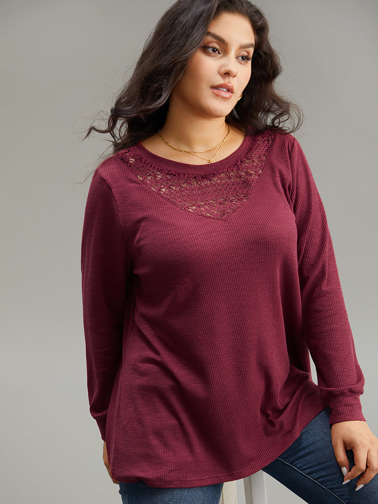 

Plus Size Women Dailywear Plain Patchwork Regular Sleeve Long Sleeve Round Neck Elegant T-shirts BloomChic, Burgundy