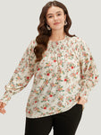 Floral Print Shirred Frill Trim Blouse